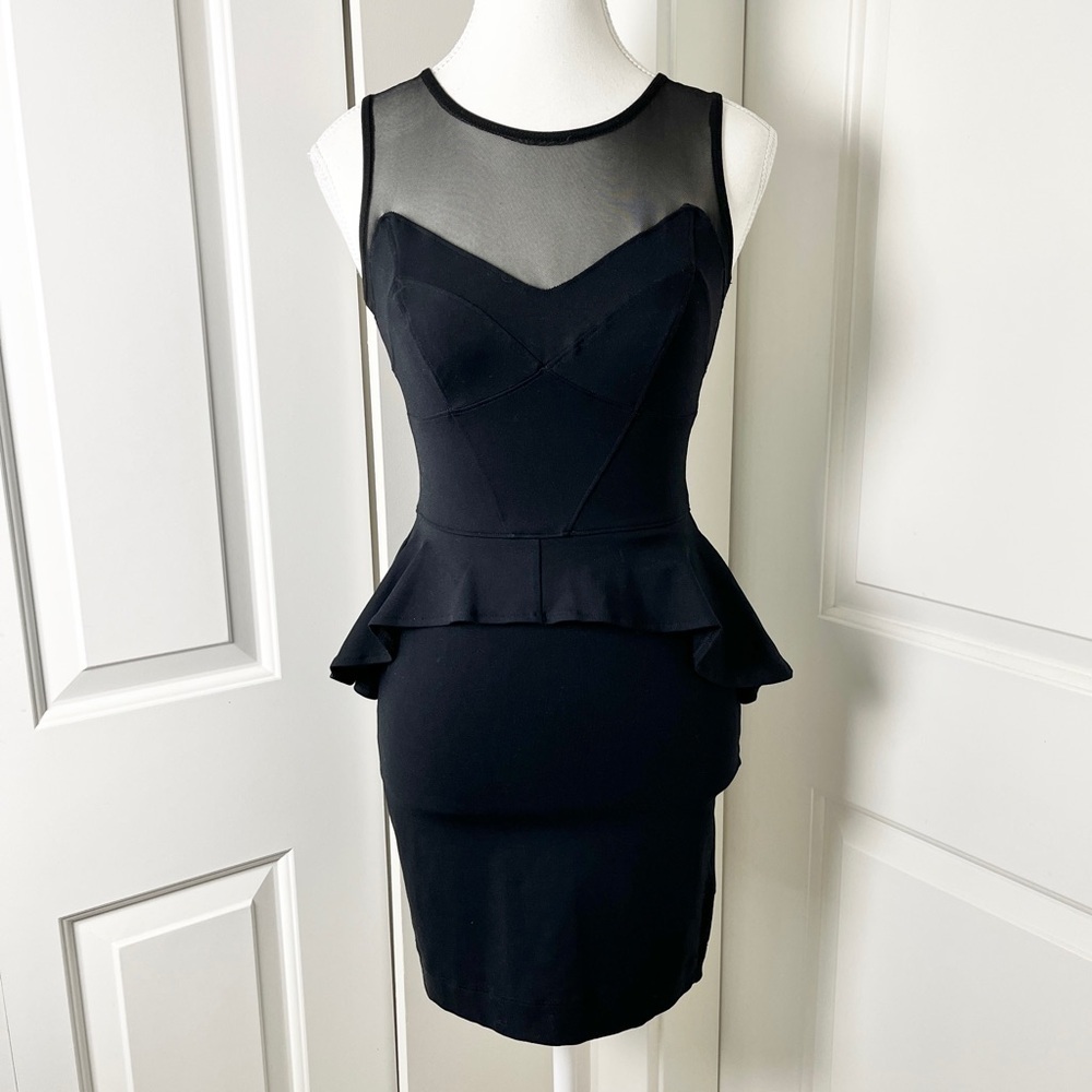 Bebe Glam Black Sleeveless Peplum Cocktail Dress w/ Illusion Neckline - XXS - Picture 2 of 13